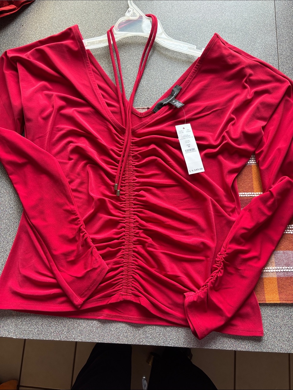White House Black Market Red Ruched V-Neck Long Sleeve Top